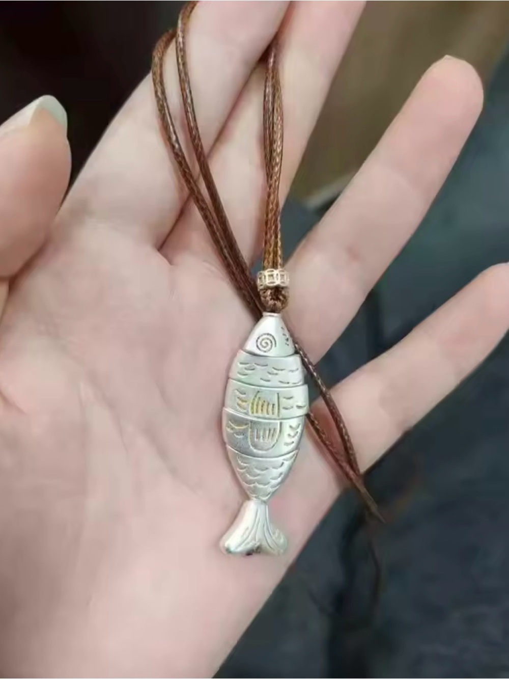 Silver Fish Pendant Necklace for Pets Fish - Brown Cord